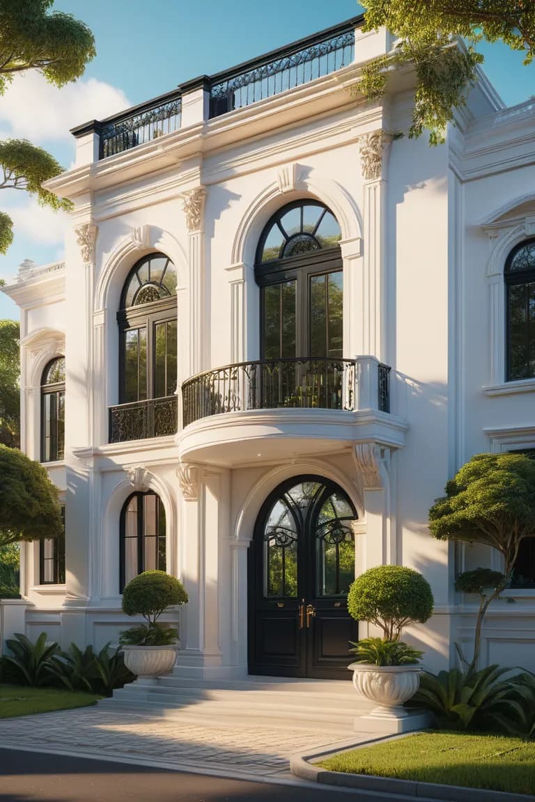 Luxury white mansion with neoclassical architecture, arched windows and balcony