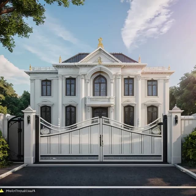 Stunning white luxury mansion with classical architecture and ornate grand entrance gate