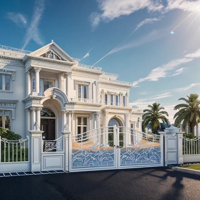 Grand opulent white neoclassical mansion with ornate gates and palm trees under sunny sky
